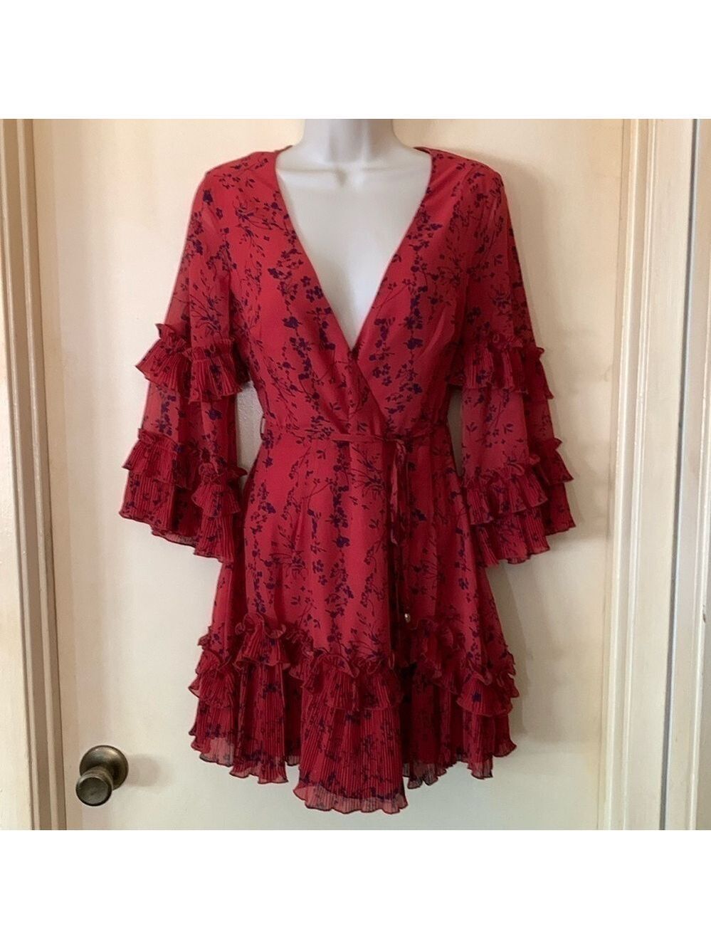 Saints and secrets red and black bell sleeve dress size XS